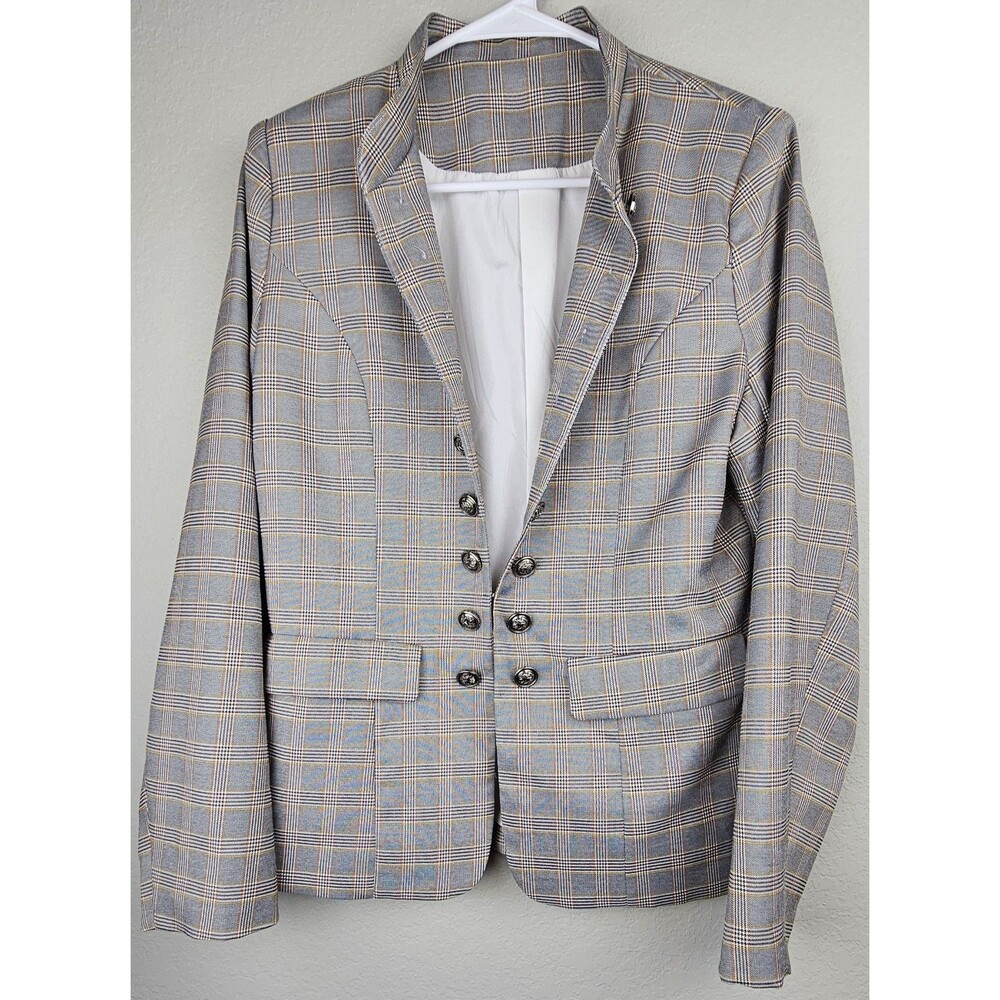 Women's Medium/Large Gray Yellow Plaid Blazer Jacket Full Button Detail Hook&Eye